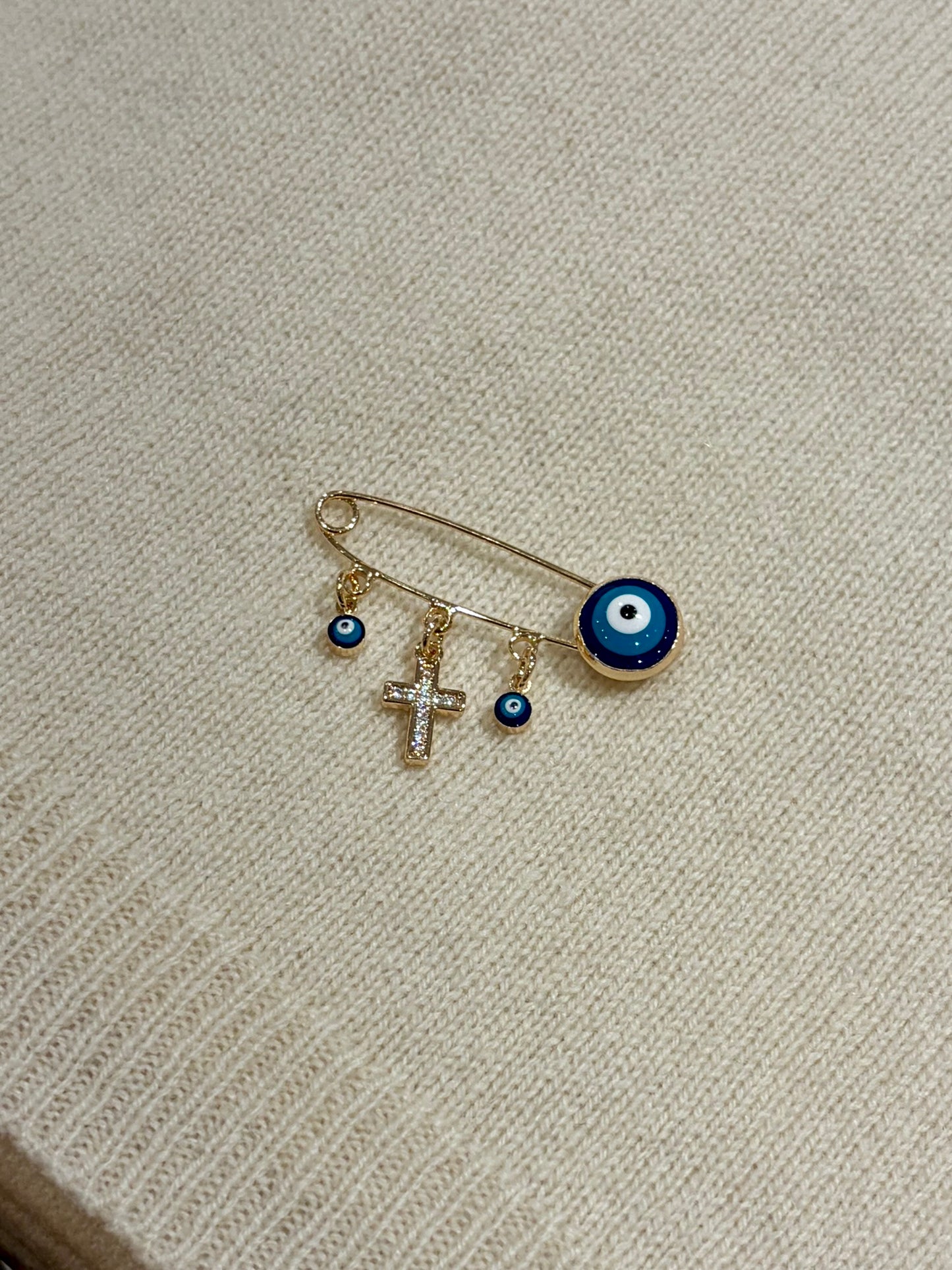 Baby Protection Mati & Cross Blue/Gold Pin