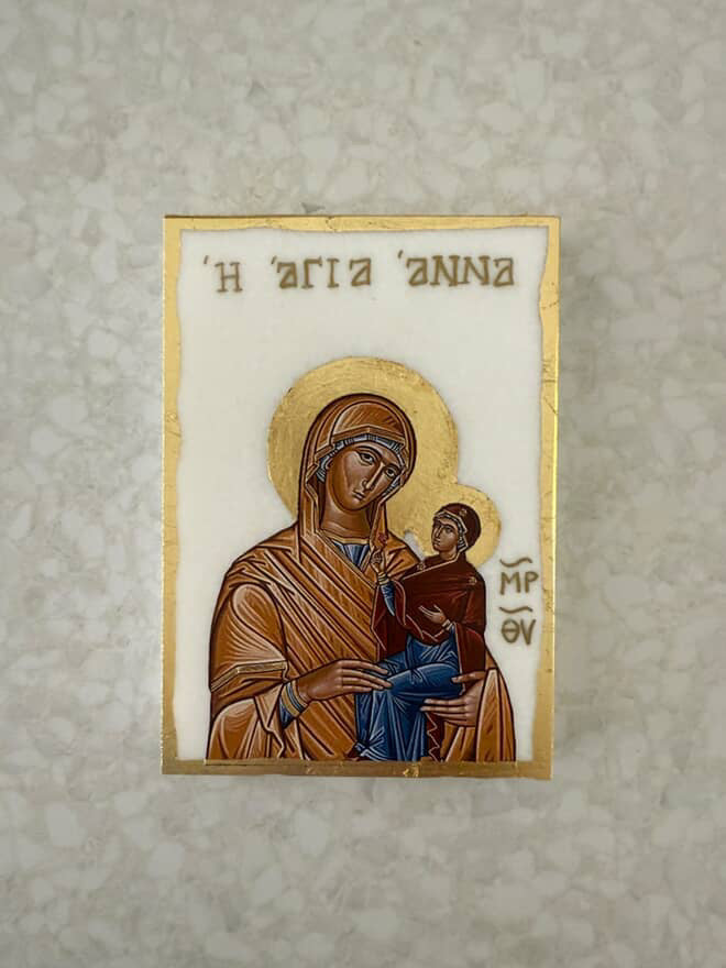 St. Anna Holding Baby Mary Icon - White Marble