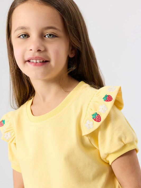 Strawberry Flounce Yellow Shoulder Top