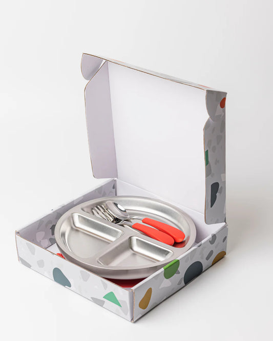 18/8 Stainless Toddler Plate with Silicone Suction Base & Cutlery Set - Pink