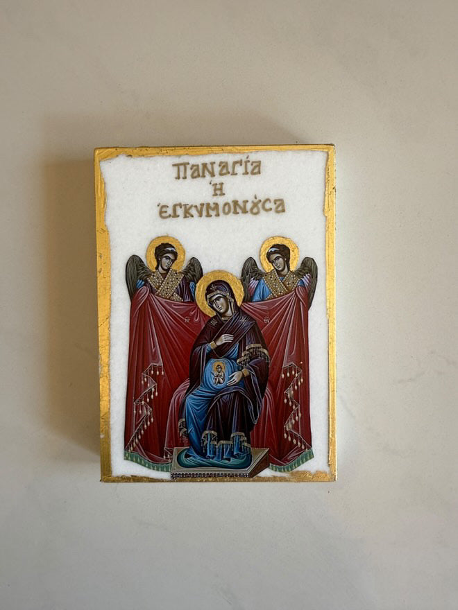 Pregnant Theotokos Icon- White Marble