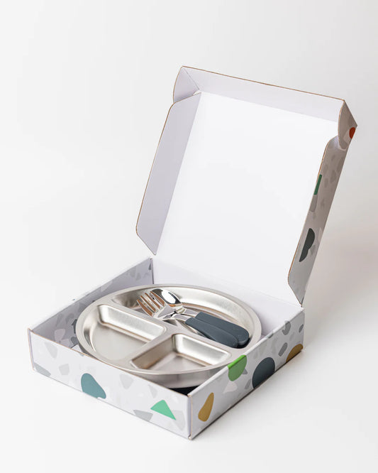 18/8 Stainless Toddler Plate with Silicone Suction Base & Cutlery Set - Navy