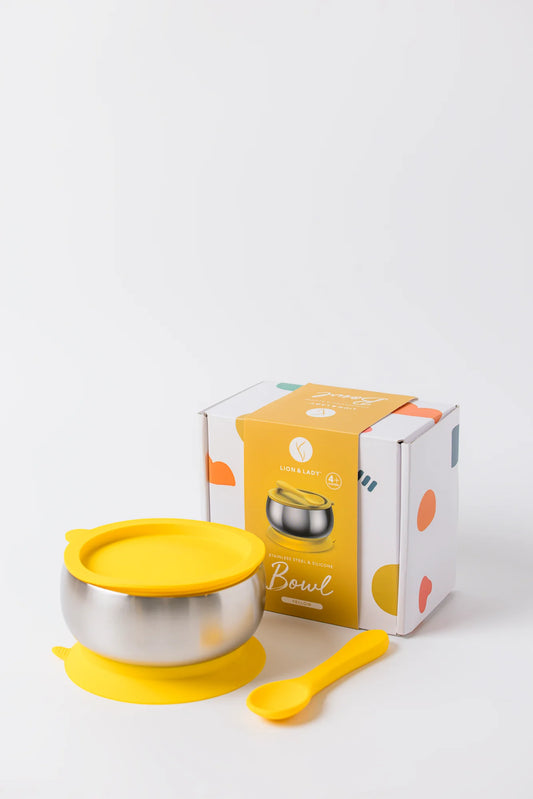 18/8 Stainless Steel Feeding Bowl with Silicone Suction Base, Lid & Spoon - Yellow