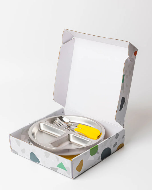 18/8 Stainless Toddler Plate with Silicone Suction Base & Cutlery Set - Yellow