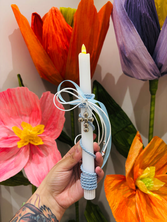 Flame-Free LED Blue & Silver Bubble Cross Greek Easter Candle/Lambatha