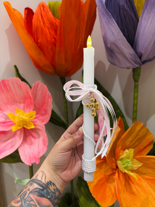 Flame-Free LED Pink & Gold Bubble Cross Greek Easter Candle/Lambatha