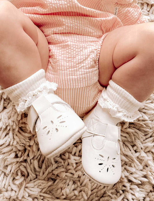 Leather Pre-Walker Eyelet T-Bars - White