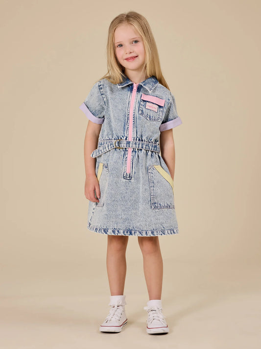 Piper Denim Belted Dress - Pastel Pop
