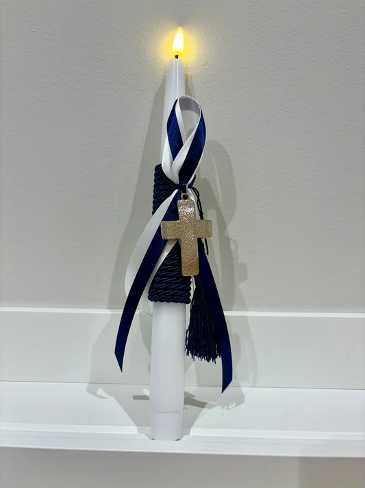 Flame-Free LED Blue & Silver Textured Cross Greek Easter Candle/Lambatha