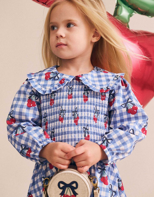 Cherry Gingham Shirred Dress