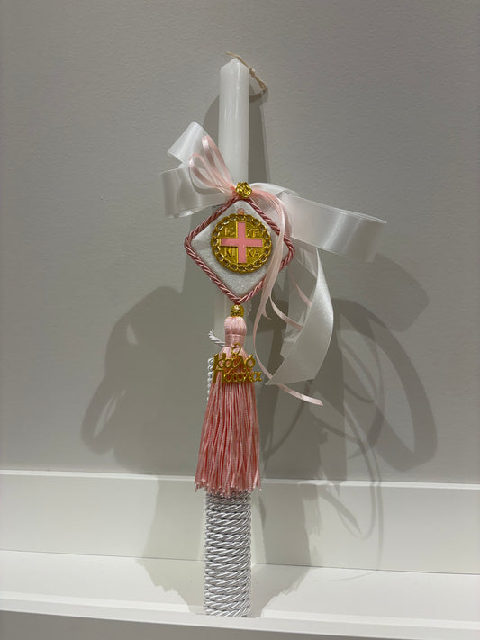 Marble & Gold ICXP NIKA Pink Cross & White Greek Easter Candle/Lambatha