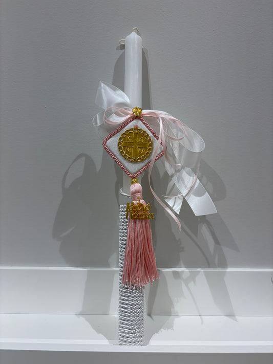 Marble & Gold ICXP NIKA Pink & White Greek Easter Candle/Lambatha