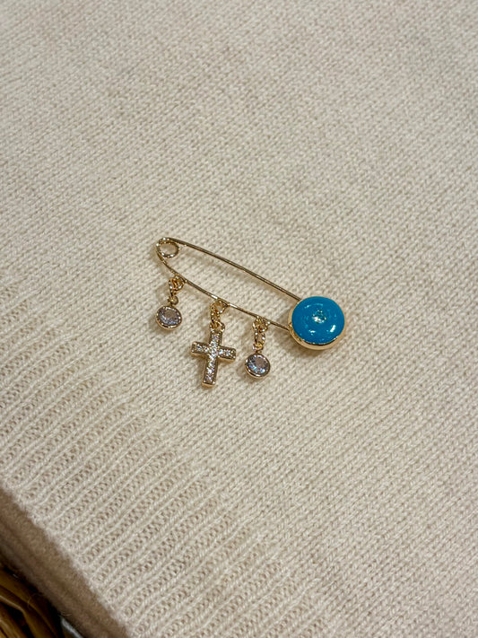 Baby Protection Teal/Gold Cross Pin