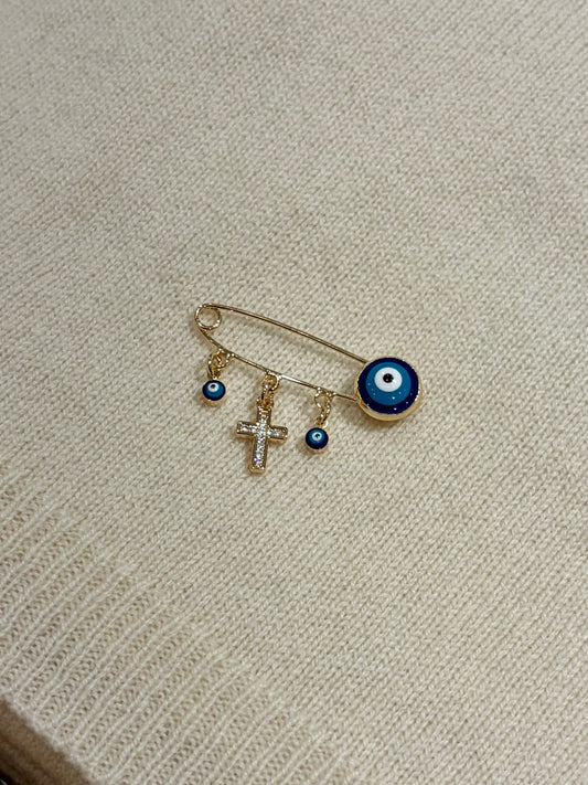 Baby Protection Mati & Cross Blue/Gold Pin