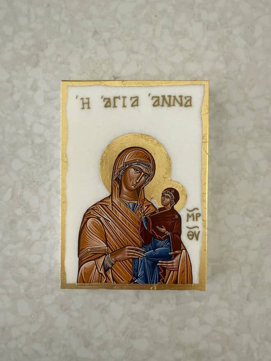 St. Anna Holding Baby Mary Icon - White Marble