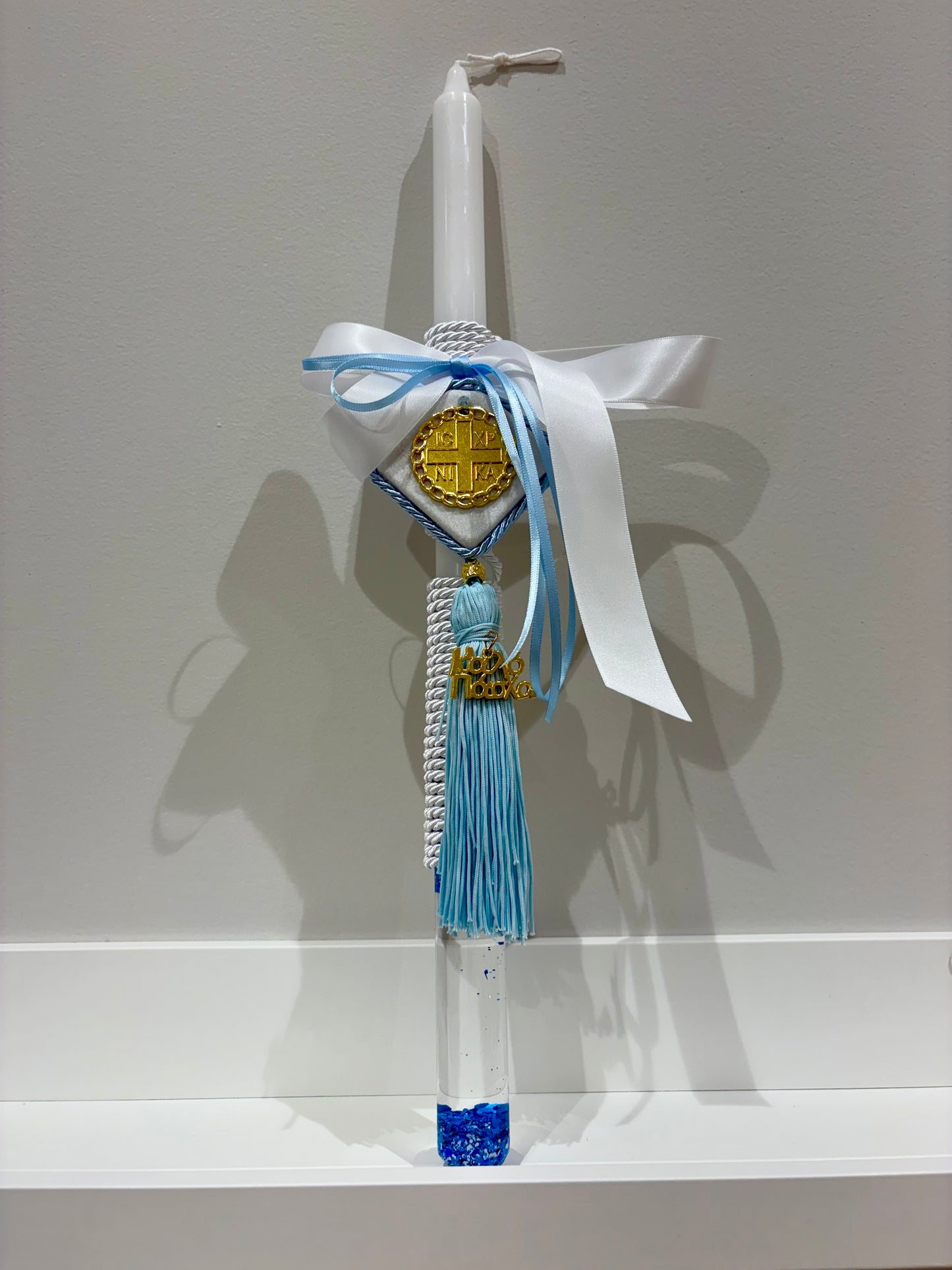 Glass Tube Sparkles Marble & Gold ICXP NIKA Blue & White Greek Easter Candle/Lambatha