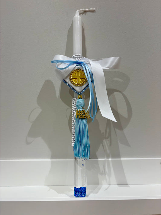 Glass Tube Sparkles Marble & Gold ICXP NIKA Blue & White Greek Easter Candle/Lambatha