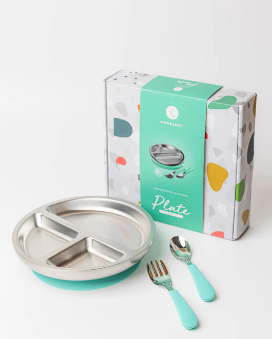 18/8 Stainless Toddler Plate with Silicone Suction Base & Cutlery Set - Mint