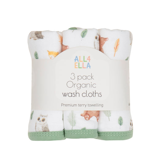 Organic Cotton Wash Cloths 3pk - Forest Friends