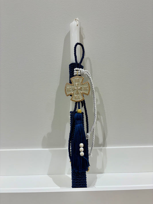 Gold & White Cross Blue Rope Greek Easter Candle/Lambatha