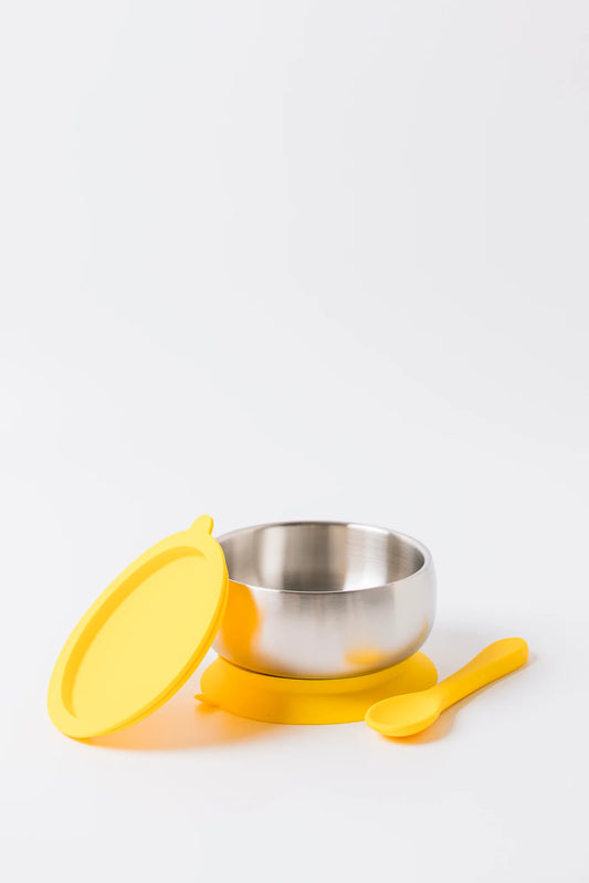 18/8 Stainless Steel Feeding Bowl with Silicone Suction Base, Lid & Spoon - Yellow