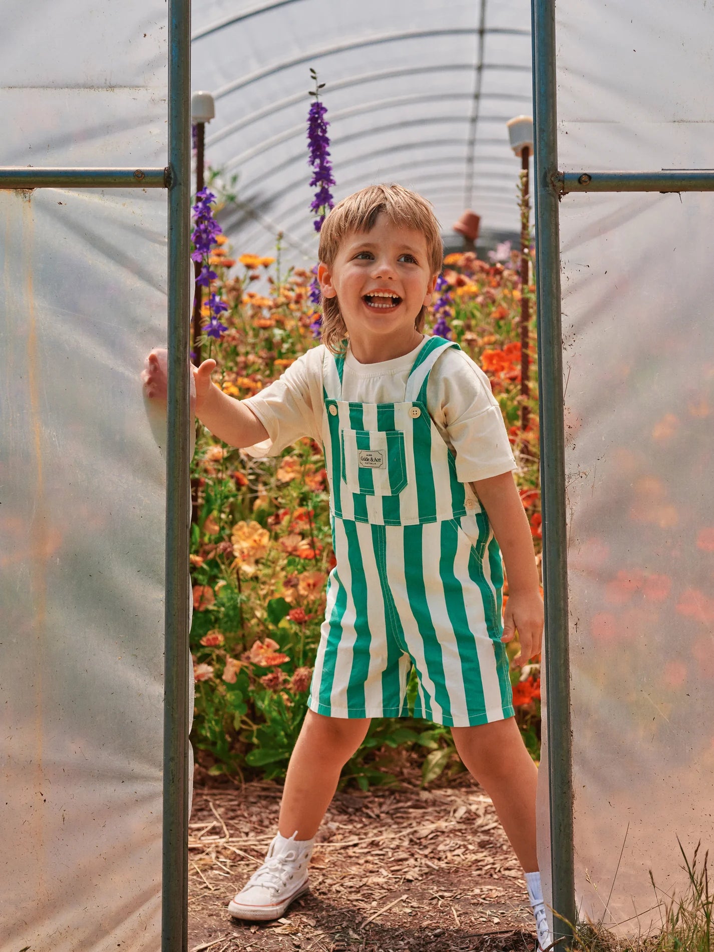 Happy Stripe Green & White Button Burton Overall