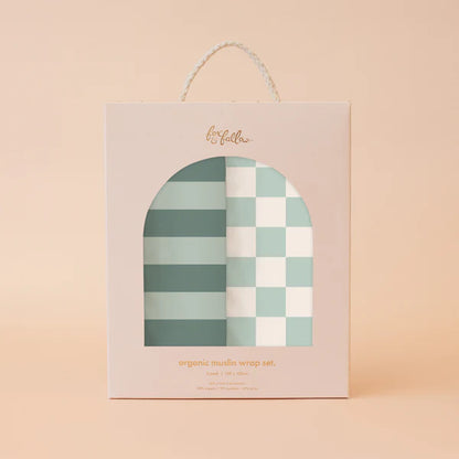 Organic Muslin Wrap Swaddle Box Set 2pk - Sage Stripe / Sage Check Organic