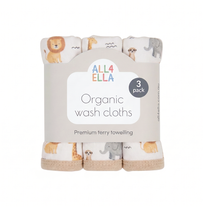 Organic Cotton Wash Cloths 3pk - Wild Animals