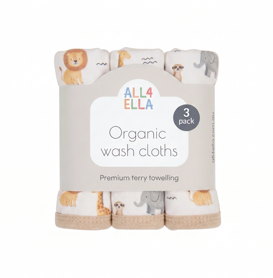 Organic Cotton Wash Cloths 3pk - Wild Animals