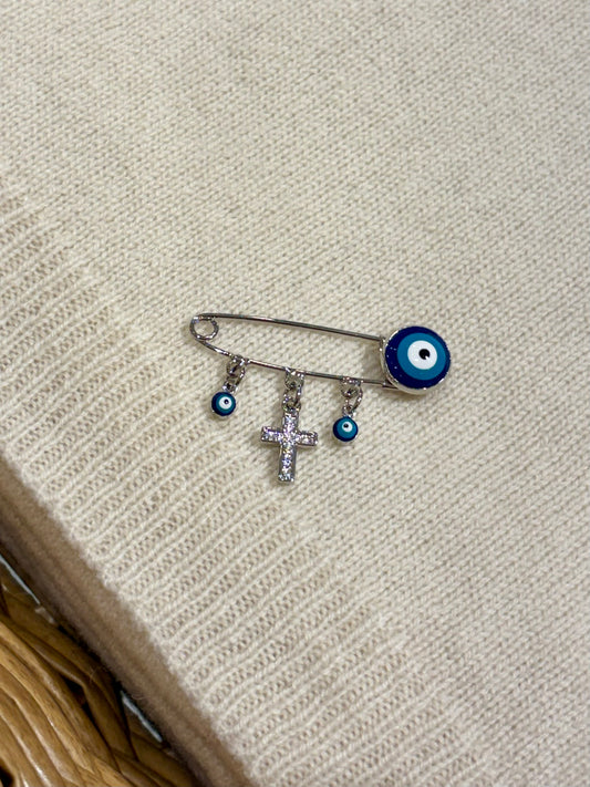 Baby Protection Mati & Cross Blue/Silver Pin