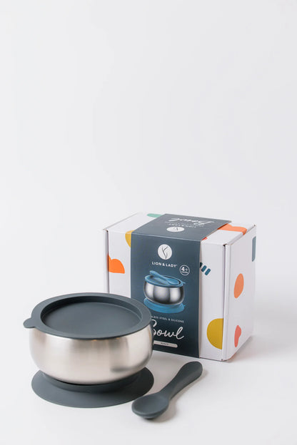 18/8 Stainless Steel Feeding Bowl with Silicone Suction Base, Lid & Spoon - Navy