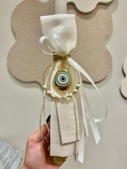 White & Gold Mati + Bracelet Greek Easter Candle/Lambatha