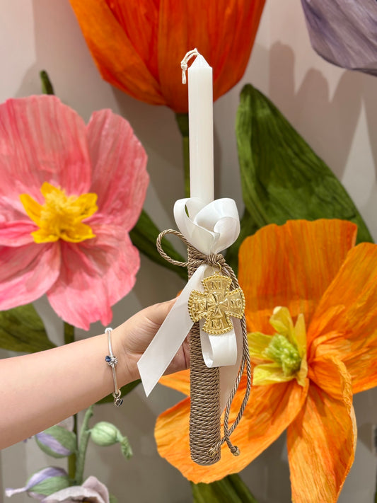 Gold ICXC NIKA Cross Ecru & White Rope Greek Easter Candle/Lambatha