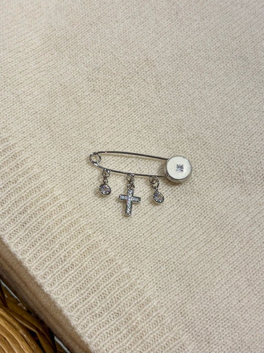 Baby Protection White/Silver Cross Pin