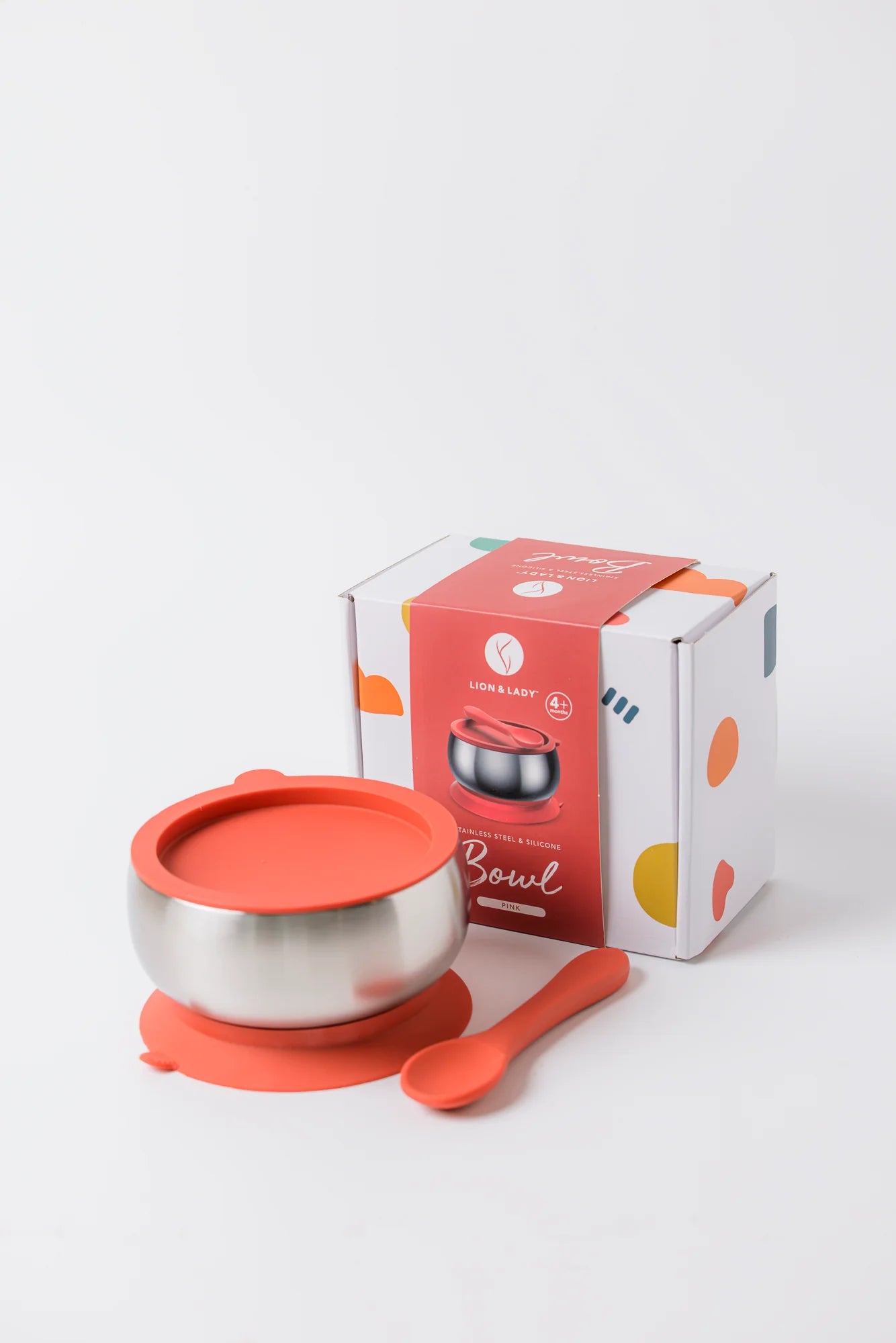 18/8 Stainless Steel Feeding Bowl with Silicone Suction Base, Lid & Spoon - Pink