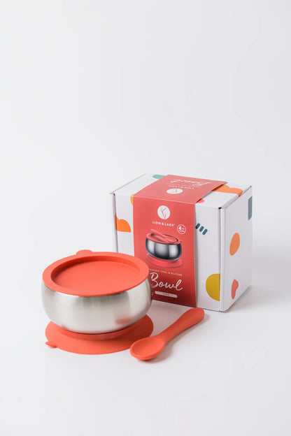 18/8 Stainless Steel Feeding Bowl with Silicone Suction Base, Lid & Spoon - Pink