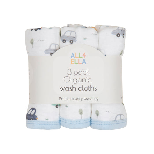 Organic Cotton Wash Cloths 3pk - Beep Beep