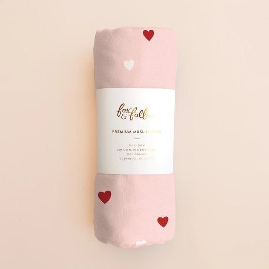 Organic Muslin Wrap Swaddle - Little Hearts