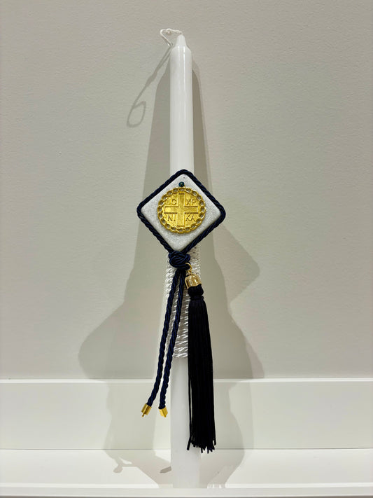 Marble & Gold ICXP NIKA Blue & White Greek Easter Candle/Lambatha