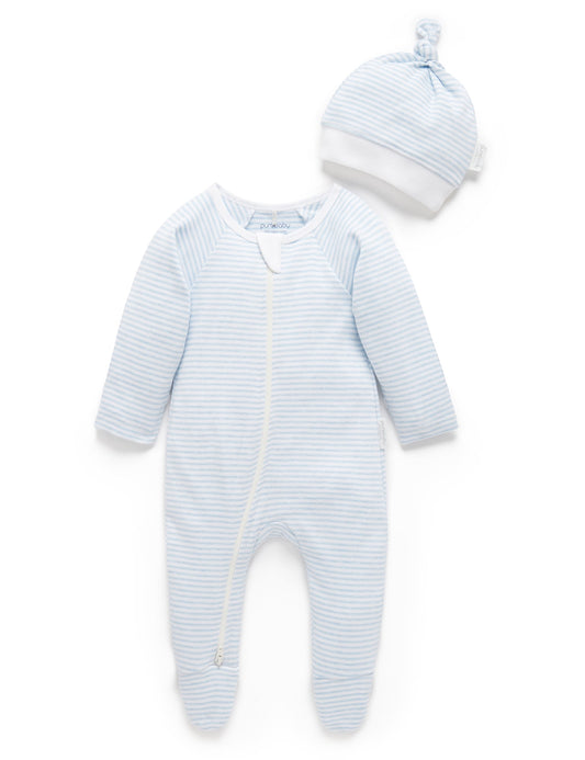 Premmie Zip Growsuit & Beanie Set - Blue Stripe