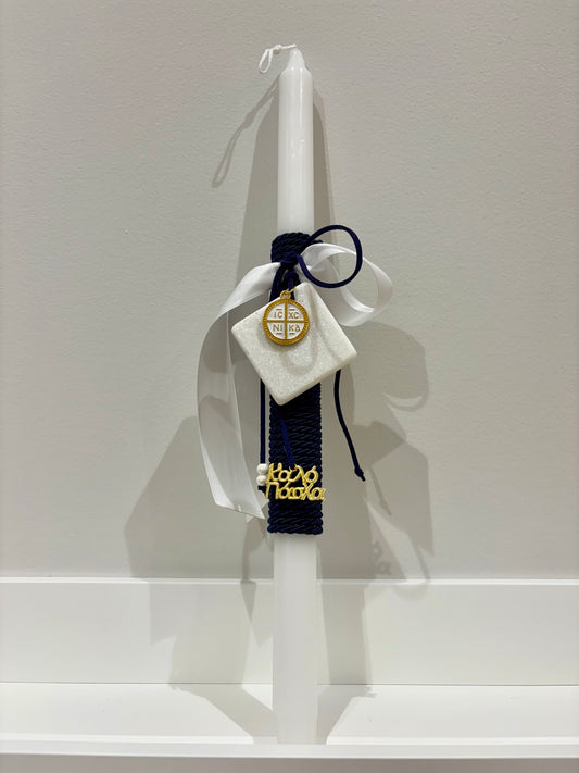 Marble & Gold ICXC NIKA Blue Rope Greek Easter Candle/Lambatha