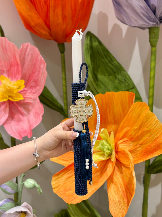 Gold & White Cross Blue Rope Greek Easter Candle/Lambatha