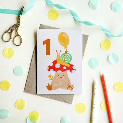 1st Birthday Mushroom Snail Card