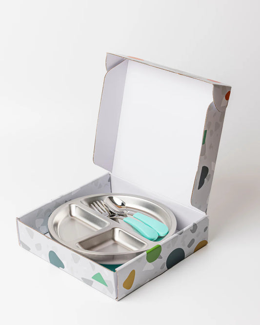 18/8 Stainless Toddler Plate with Silicone Suction Base & Cutlery Set - Mint