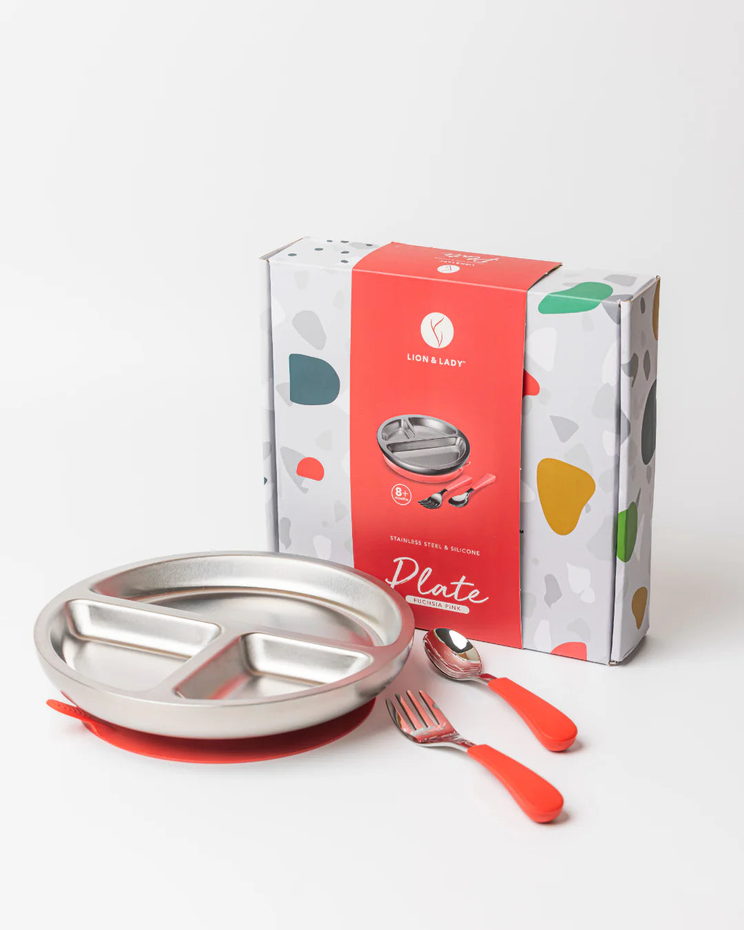 18/8 Stainless Toddler Plate with Silicone Suction Base & Cutlery Set - Pink