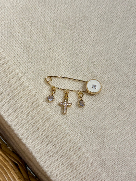 Baby Protection White/Gold Cross Pin