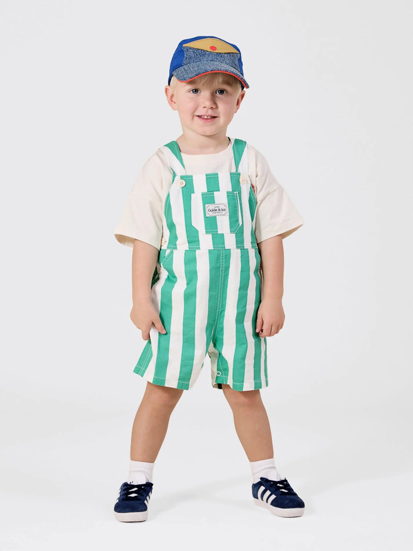 Happy Stripe Green & White Button Burton Overall
