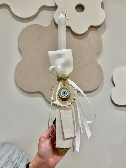 White & Gold Mati + Bracelet Greek Easter Candle/Lambatha