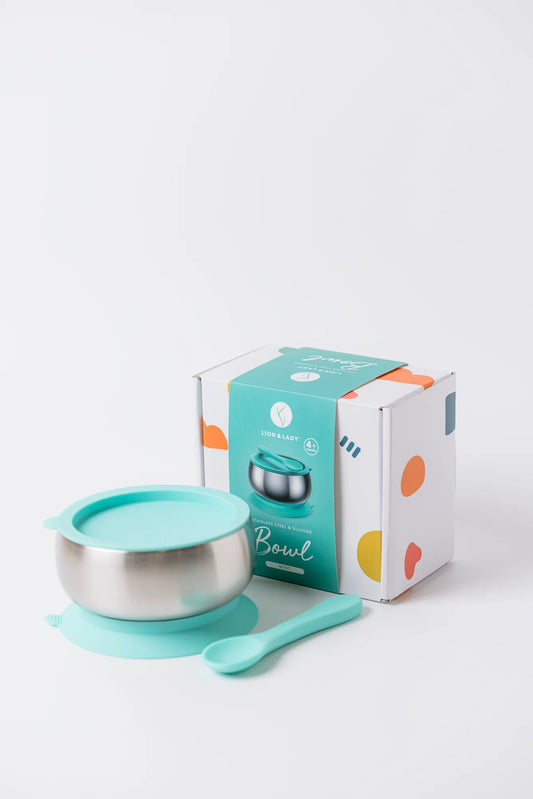 18/8 Stainless Steel Feeding Bowl with Silicone Suction Base, Lid & Spoon - Mint