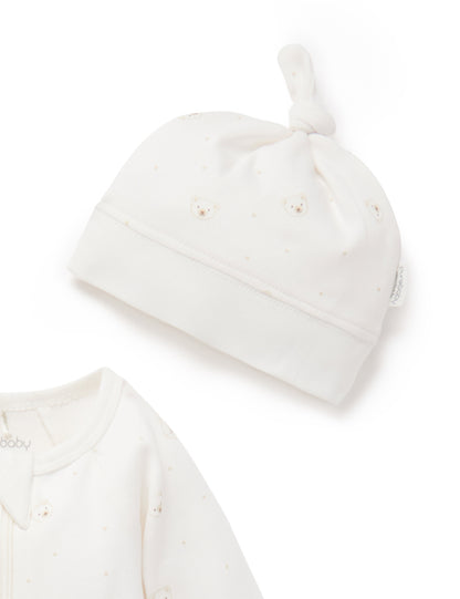 Premmie Zip Growsuit & Beanie Set - Vanilla Bear